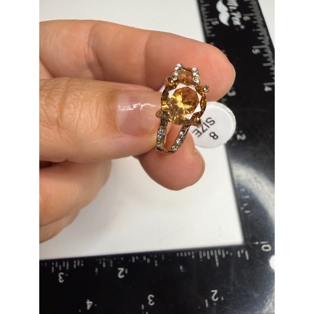 Champagne Crystal Rose Gold Tone Split Shank Cocktail Ring Size 8